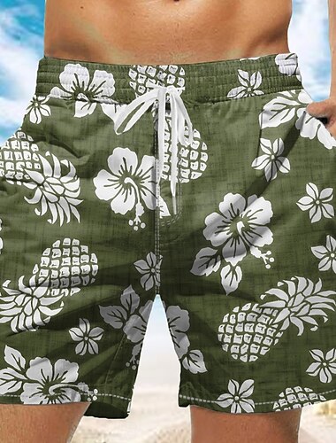  Herren Ananas Tropische Blumen Badehosen Badeshorts Boardshorts Mittlere Taille Tropisch Streetwear Hawaiianisch Urlaub Täglich Ferien Kordelzug Elastischer Bund 3D-Druck Designer Bekleidung