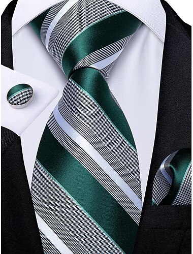  Gestreiftes Krawattenset für Herren mit passendem Einstecktuch und Manschettenknöpfen – formelle Krawatte für Hochzeiten, das Büro und besondere Anlässe