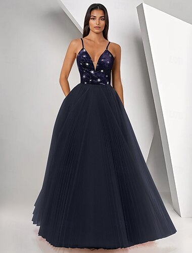  A-Linie Abendkleid elegantes Kleid formeller Abschlussball bodenlang ärmellos V-Ausschnitt Tüll mit Federn Perlen Pailletten 2025