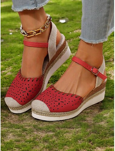  Rode sleehak sandalen van imitatieleer voor dames met geperforeerd design en enkelbandje, lichte zomerschoenen voor casual gebruik en buitenevenementen