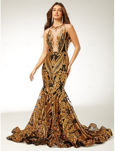  Meerjungfrau/Trompete Abendkleid elegantes Kleid Karneval formell Hofschleppe ärmellos bodenlang Illusionshals Afroamerikaner Pailletten mit Pailletten 2025