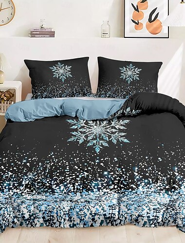  סט כיסוי פוך בעיצוב פתיתי שלג נוצץ, 100% כותנה, סט מצעים רך ונושם, כולל כיסוי פוך וציפיות, אלגנטי ומסוגנן לעיצוב חורף, עמיד וניתן לכביסה במכונה