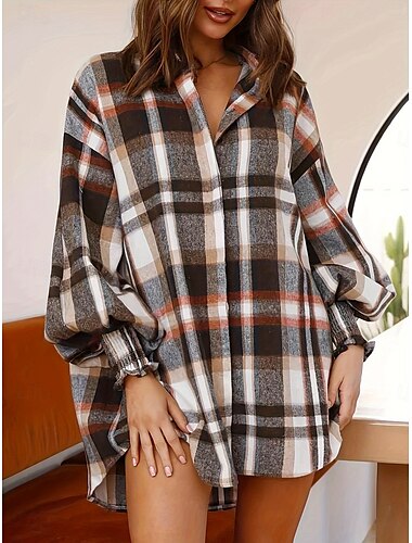 Damen Hemd Bluse Plaid Basic Brautkleider schlicht Langarm Hemdkragen Normale Oberteile Täglich Patchwork Knopf Rote Herbst Winter