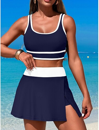  Per donna Costumi da bagno Bikini 2 pezzi Gonna Costume da bagno Schiena scoperta Taglia piccola Festività Abbigliamento mare Tinta unica Stondata Senza maniche Costumi da bagno