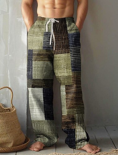  Homens Bloco de cor Retalhos Calças Calça casual Cintura Média Cintura elástica com cordão Vintage retrô Ao ar livre Férias Feriado Calças de perna reta Verão Primavera Outono Impressão 3D Vermelho