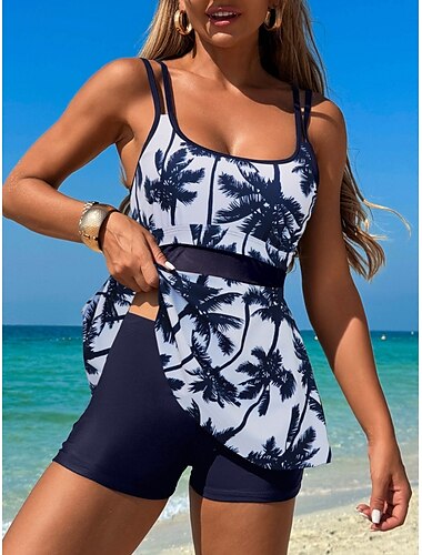  Γυναικείο Μαγιό Μπουρνούζια 2 Τεμαχίων Tankini Μαγιό Χωρίς Πλάτη Ψηλή Μέση Διακοπές Παραλία Ρούχα Γραφικό Scoop Neck Κοτλέ Μαγιό Χωρίς Μανίκια