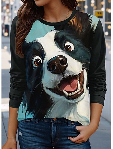  Femmes T-shirt Chien Occasionnel manche longue Col ras du cou Hauts Réguliers Quotidien Imprimé Noir Printemps Automne