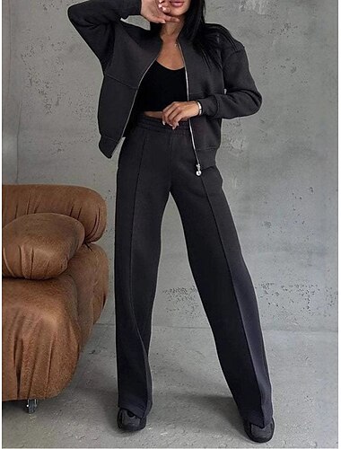  Damen Täglich Bolero-Oberteil Hose mit weitem Bein Langarm Feste Farbe Zip Outdoor B¨¹ro Schwarz Rosa Beige Frühling & Herbst Regular Fit