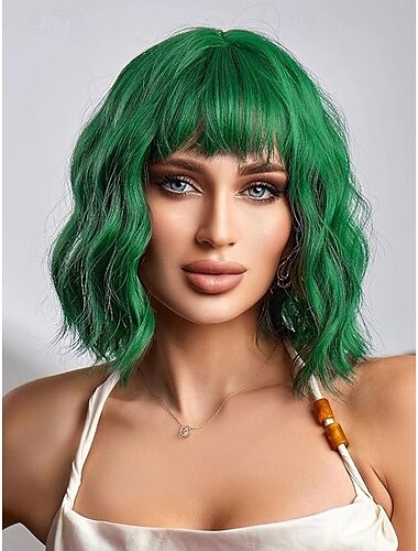  Wig with Bangs Short Wavy Wigs for Women Shoulder Length Curly Bob Wigs Heat Resistant Synthetic Wigs for Halloween Cosplay Daily Party Use