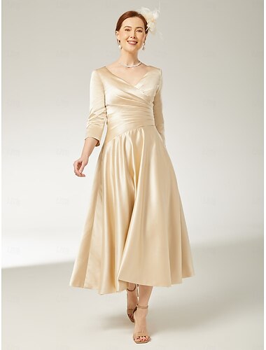  A-Linien-Kleid für die Mutter der Braut, elegant, Vintage, Übergröße, V-Ausschnitt, bodenlang, Satin, 3/4-Ärmel mit Falten, 2025