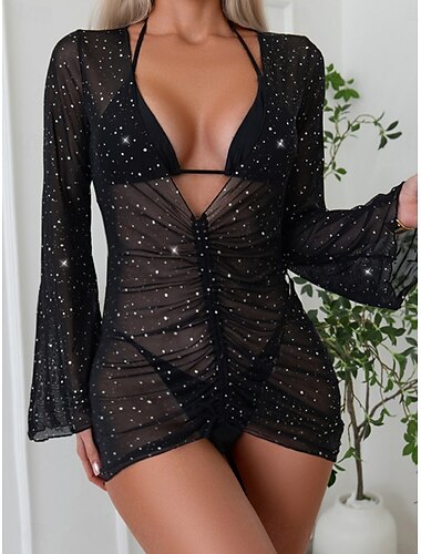  Femme Maillots de Bain Bikinis 2 pièces Tanga Maillot de bain Dos Nu Mince Vacances Tenues de plage Couleur unie Dos nu Sans Manches manche longue Maillots de bain