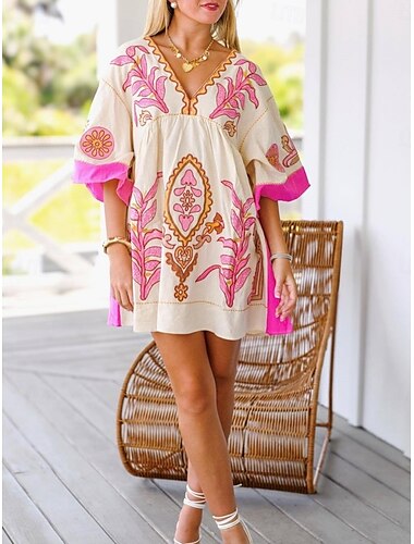  Pentru femei Rochie Mini Rochie casual Rochie Boho Boemia Epocă Casual Vacanță Zilnic Fit regulat Floral Lungime Manșon 3/4 În V Fucsia Portocaliu Trifoi Primăvară Toamnă