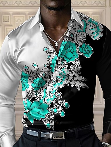  Herren Blumen Lässiges Hemd Knopfhemd Langarm Brautkleider schlicht Party Geschenk Casual Frühling Herbst Umlegekragen Knopf hoch Gelb Rote Blau Grün Grau