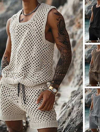  Hombre Trajes de camiseta Conjunto de chándal de verano de 2 piezas Traje casual sin mangas Cuello Barco Verano Prendas de punto Bohemia Vacaciones De Punto Vacaciones Negro Marrón Beige Camiseta