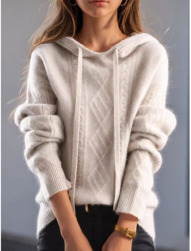  Women's Sweater Casual Soft Pure Color Cable Hooded Knitted Long Sleeve Regular Tops Knit Outdoor Daily Weekend Camel Brown Fall Winter