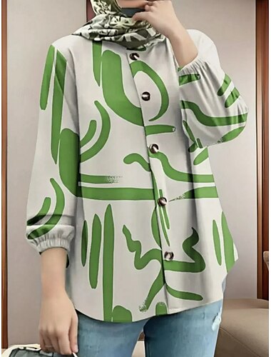  Damen Hemd Bluse Graffiti Basic Brautkleider schlicht Langarm Hemdkragen Normale Oberteile Täglich Knopf Bedruckt Schwarz Blau Grün Frühling & Herbst