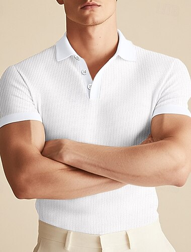  Herre Golf skjorte strikket polo Virksomhet Avslappet Klassisk Kortermet Mote Helfarge Knapper Strikket Sommer Vår Normal Hvit Vin Kakifarget Lyseblå Grå Golf skjorte