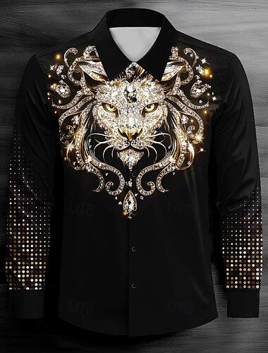  Homens Leão camisa de colarinho camisa de botão Manga Longa Escuro Casual Primavera Outono Aberto para a Lateral Abotoar Preto Amarelo Azul