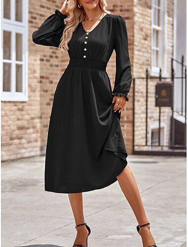  Damen Midikleid Casual kleid A Linie Kleid Stilvoll Basic Brautkleider schlicht Urlaub Täglich Regular Fit Glatt Langarm V Ausschnitt Schwarz Armeegrün Sommer Frühling
