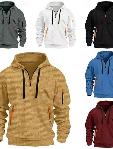  Herr Huvtröja Huvtröja med dragkedja i Quarter Taktisk hoodie Svart Vit Rubinrött Marinblå Kaki Huva Slät Ficka Sport & Utomhus Dagligen Helgdag Streetwear Häftig Ledigt Vår & Höst Kläder Pull Tröjor