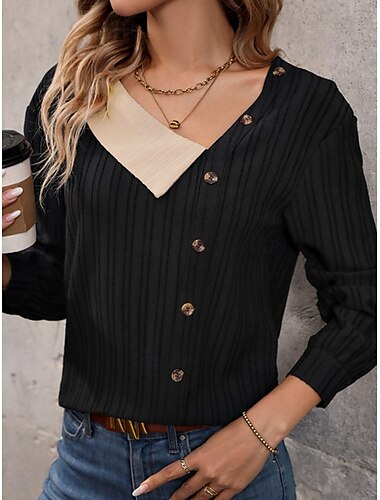  Damen Hemd Bluse Feste Farbe Basic Brautkleider schlicht Langarm V Ausschnitt Normale Oberteile Täglich Patchwork Knopf Schwarz Sommer Frühling