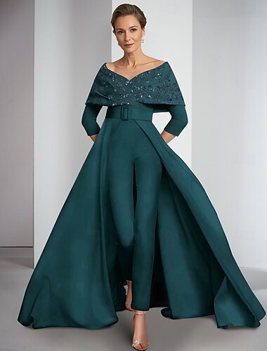  Combinaison  Tailleur Mère de la Mariée Élégante Vintage Hors Épaule Longueur Sol Floor Tissu Élastique Manches 3/4 avec Appliques Paillettes 2025