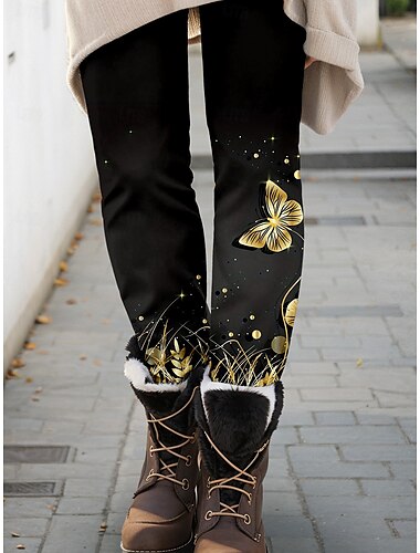  Dames Leggings Broeken Mode Streetwear Volledige Lengte Hoge Taille Vlinderprint Thermisch Warm Ademend Zacht Micro-elastisch Buiten Dagelijks Zwart Herfst Winter Regular Fit