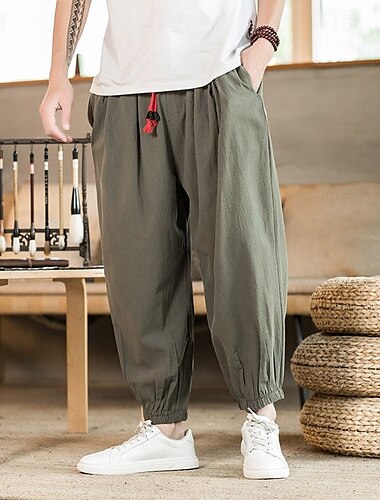  Herr Joggare Linne Byxor Långbyxor Säckiga byxor Harem byxor Ficka Snörning Elastisk midja Slät Komfort Andningsfunktion Fullängd Hem Ledigt Dagligen Sport Mode Svart Grön