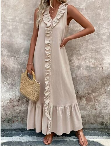  Dames Normaal Maxi-jurk Katoenmengeling Hemdjurk Zonnejurk Casual jurk Hawaii Casual Vakantie Afspraakje Normale pasvorm Effen Mouwloos V-hals Khaki Zomer