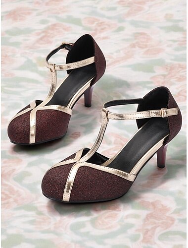  scarpe col tacco da donna con cinturino a T glitterato e finiture in oro metallizzato, décolleté chiuse in stile vintage per feste serali, matrimoni ed eventi formali