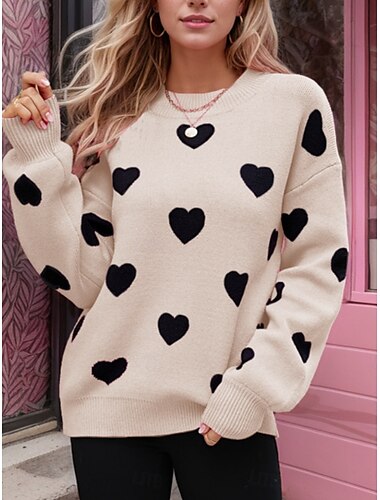  Damen Valentinstag Pullover lässig weich Herz gerippt Rundhals gestrickt langarm normale Oberteile gestrickt Outdoor Alltag Wochenende schwarz rot Herbst Winter