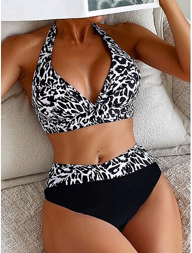  Dames Badmode Bikini 2 Delig Ondeugend Badpak Rugloos Tie Back Vakantie Strandkleding Luipaard Halter Hals Mouwloze Badpakken