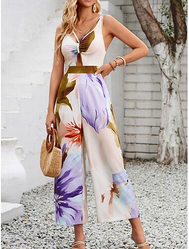  Dames Normaal Jumpsuit Actief Bloemig Mouwloos V-hals Hoge taille Vakantie Dagelijks Normale pasvorm Paars Oranje Zomer