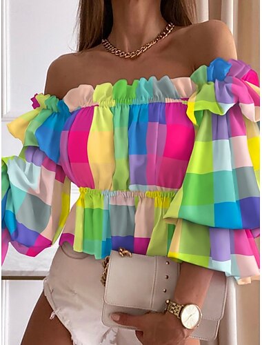  Women's Shirt Blouse Ombre Color Block Casual Half Sleeve Off Shoulder Regular Tops Daily Ruffle Print Pink Blue Green Summer