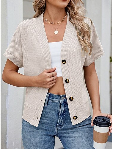  Damen Pullover Strickjacke Brautkleider schlicht Weich Einfarbig Gerippt V Ausschnitt Knopf Strick Kurze Ärmel Normale Oberteile Stricken Outdoor Täglich Wochenende Schwarz Grün Sommer