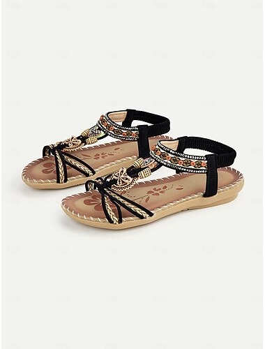  Dames sandalen in bohemian stijl met kralenversieringen en elastische band, comfortabele zomerschoenen voor het strand en casual uitjes