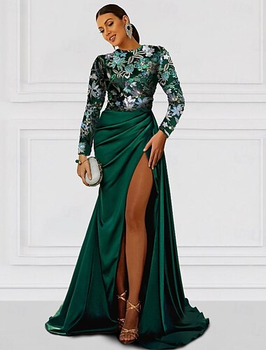  A-Linie Abendkleid elegantes Kleid formelle Hochzeit bodenlang langarm Rundhals Champagner Mutter der Braut Kleid Satin mit Schlitz Stickerei Applikationen 2025