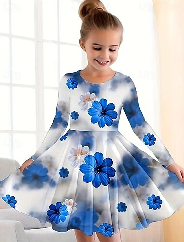  Ostern Mädchen' 3D Blumen Graphic Kleid Langarm Sommer Frühling Urlaub Täglich Festtage Prinzessin Schön Süß kinderkleidung 4-12 Jahre Casual kleid A Linie Kleid Knielang Regular Fit