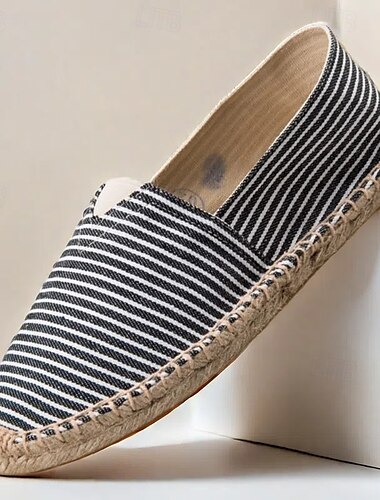  herre blå og hvit stripet canvas espadrille slip-on sko med jute tau såle – behagelig sommerfottøy
