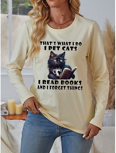  Damen T Shirt Katze Buchstabe Brautkleider schlicht Langarm Rundhalsausschnitt Normale Oberteile Täglich Wochenende Bedruckt Blau Beige Grau Herbst Winter