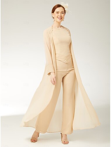  Jumpsuits 3-delige Strand Bruiloft Moeder van de Bruid Elegante Plus Size Wrap Inclusief Boot Hals Vloerlengte Chiffon Lange Mouw Wrap Inclusief met Beading 2025
