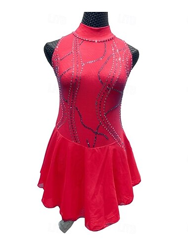  Robe de patinage artistique Femmes Fille Patinage Robe Rouge Violet Patchwork Ourlet asymétrique Maille Spandex Élastique Entraînement Pratique Professionnel Tenue de Patinage cristal pailleté Sans