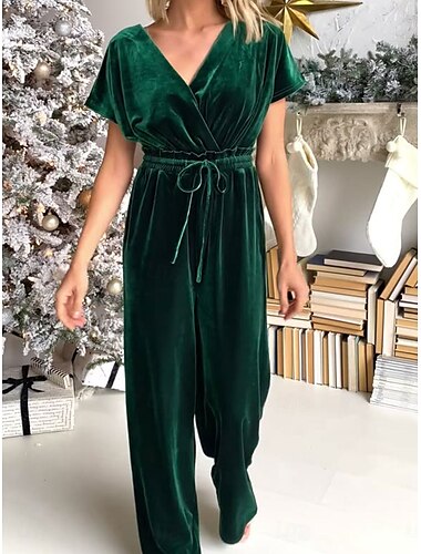  Dames Normaal Jumpsuit Stijlvol Effen Kleur Korte mouw V-hals Trekkoord Feest Werk Ruim Passend Zwart Groen Lente