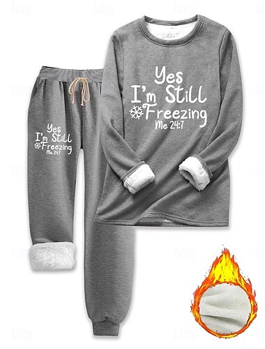  Damen 2-teiliges Warm Komfort Weiches Pullover Langarm Lange Hose Crew Neck Buchstaben Elastischer Bund Zuhause Daily Bett Dunkelrosa Blau Grau Herbst