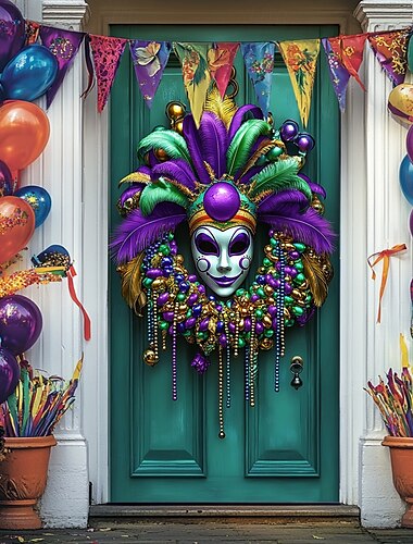  Karneval Fasching Fasnacht Türdekorationen Türbezüge Maske Kunstkranz Tür Gobelin Türvorhang Dekoration Kulisse Indoor/Outdoor Türbanner für Haustür Bauernhaus