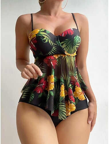  Dames Zwemkleding Tankini 2 stuks Brutaal Zwempak Blote rug Hoge taille Vakantie Strand Kleding Bladeren V-hals Mouwloos Badpakken