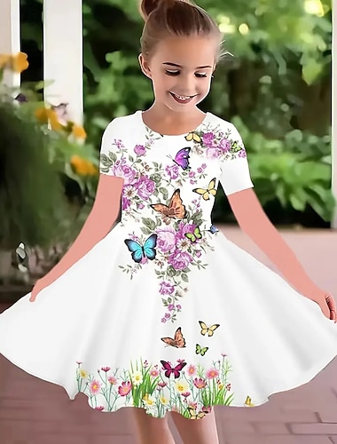  Påsk Flickor 3D Grafisk Fjäril Blomma Klänning Kortärmad Sommar Vår Semester Dagligen Helgdag Prinsessa Skön Ljuv Barn 4-12 år Vardagsklänning A linjeklänning Knälång Normal