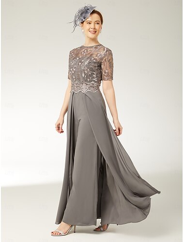  Jumpsuits Moeder van de Bruid Elegante Sieraad Hals Enkel Lengte Stretch Chiffon Korte Mouwen met Kant Plooien 2025