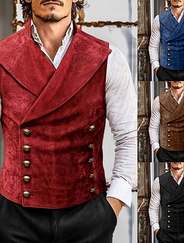  Voor heren Suède vest Vakantie Alledaagse kleding Uitgaan Vintage-stijl Chique en modern Lente & Herfst Knop Polyester Comfortabel Effen Dubbele rij knopen Koningin Anne Normale pasvorm Zwart Rood