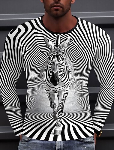  Homme Motif Zèbre T shirt manche longue T-shirt 3D effet Col Ras du Cou Chemise Mode Exagéré Plein Air du quotidien Noir Eté Printemps Automne Vêtement Tenue S M L XL XXL XXXL